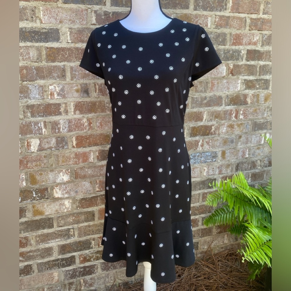 MICHAEL Michael Kors Black Dress w White Floral Beading Size Large Flounce Skirt